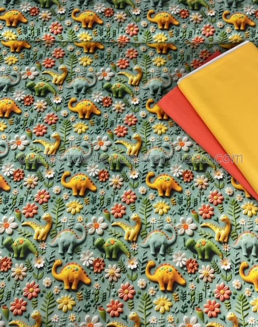 Algodón estampado 3D Dinos verde