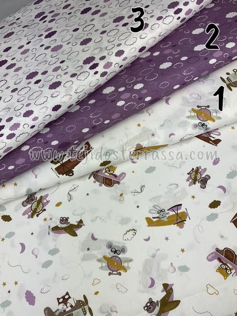 Algodón estampado Aviones y Nubes malvas