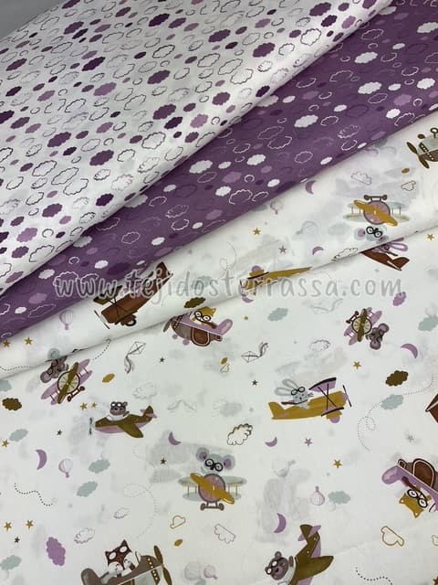 Algodón estampado Aviones y Nubes malvas