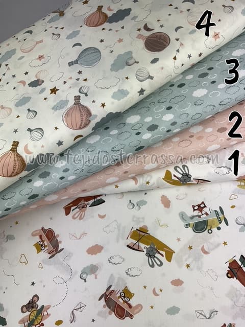 Algodón estampado Avionetas y Globos rosa/mint