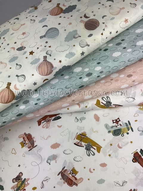 Algodón estampado Avionetas y Globos rosa/mint