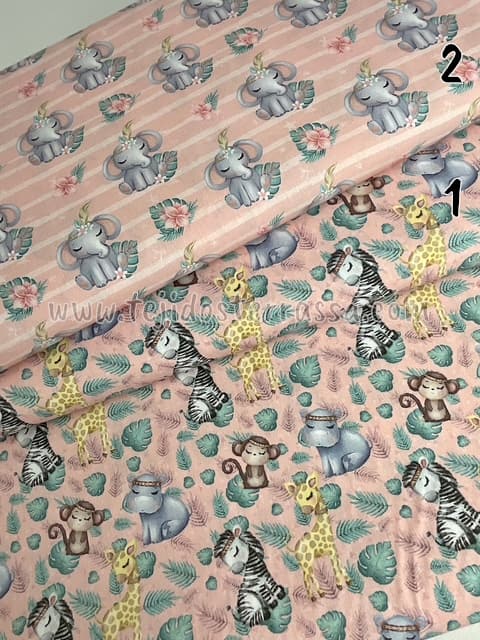 Algodón estampado (popelin) Jirafas y Elefantes