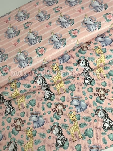 Algodón estampado (popelin) Jirafas y Elefantes