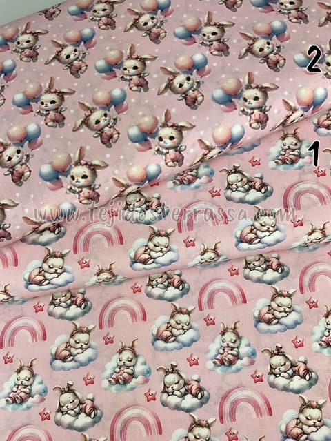 Algodón estampado (popelin) Conejitas, Nubes y Globos