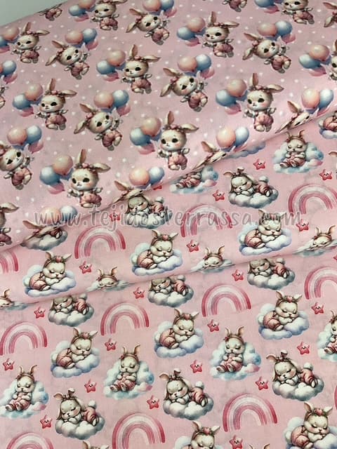 Algodón estampado (popelin) Conejitas, Nubes y Globos