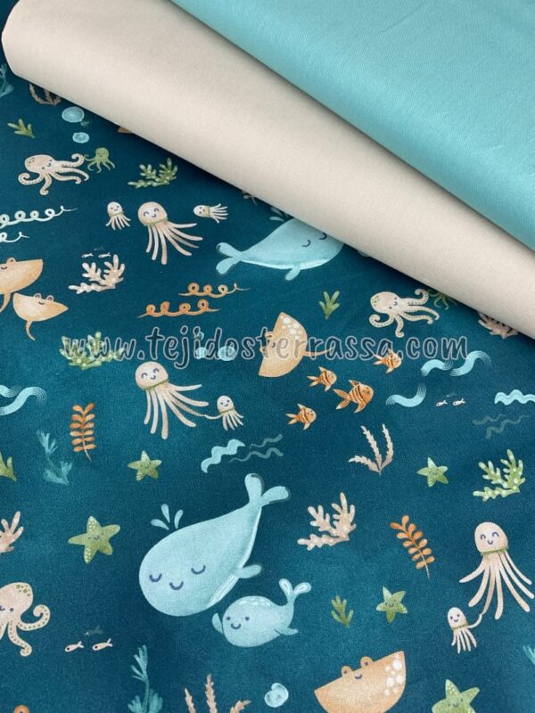 Algodón estampado (popelin) Ballenas / Pulpos