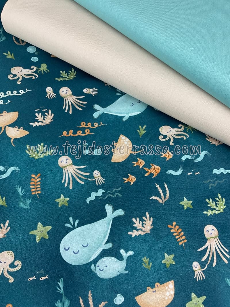Algodón estampado (popelin) Ballenas / Pulpos