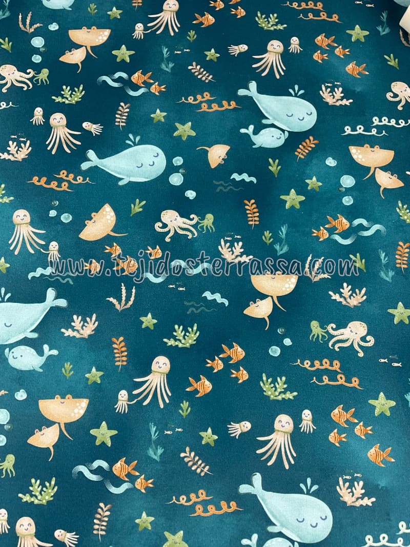 Algodón estampado (popelin) Ballenas / Pulpos