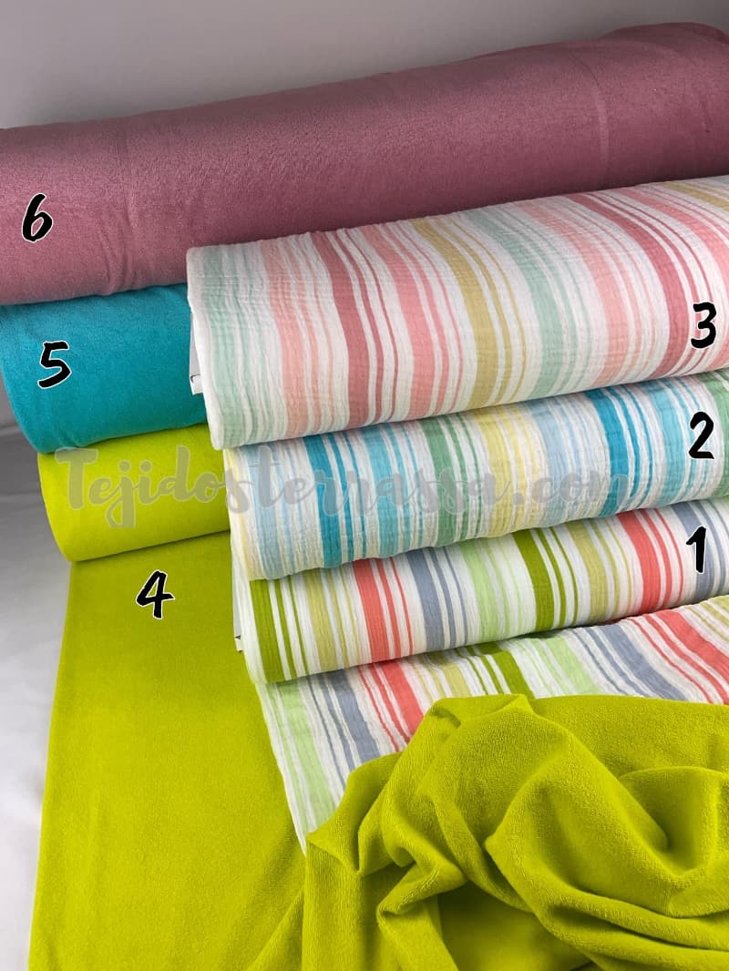 Muselina estampada Rayas + Rizo fino colores