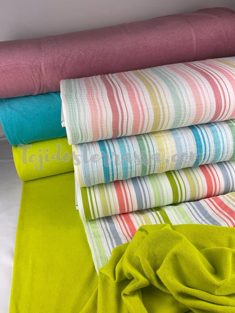 Muselina estampada Rayas + Rizo fino colores