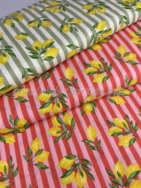 Algodón estampado Limones y rayas