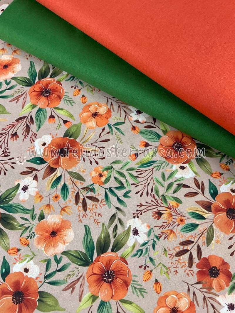 Algodón estampado Flores camel