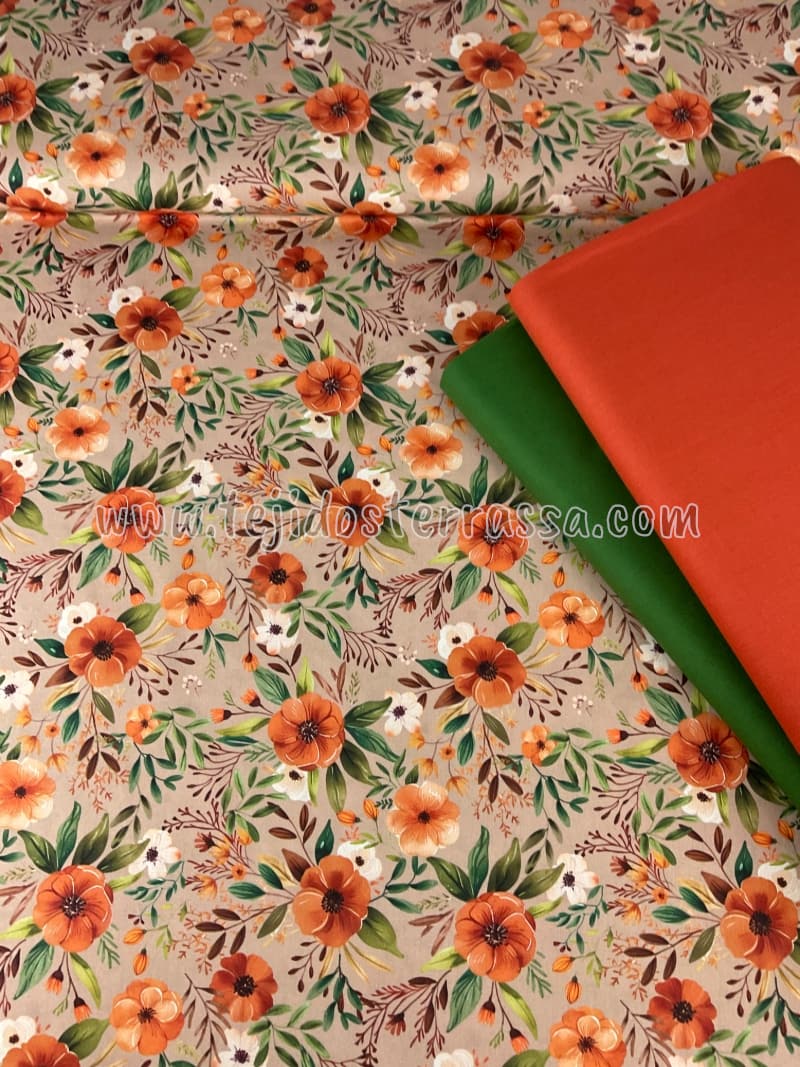 Algodón estampado Flores camel