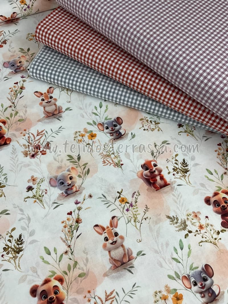 Algodón estampado Ratoncitos, Conejitos y Ositos