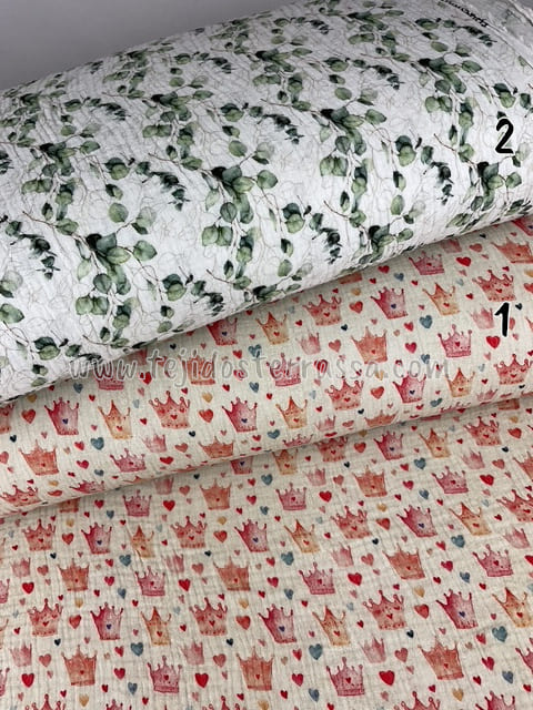 Muselina estampada Coronas y Eucaliptos