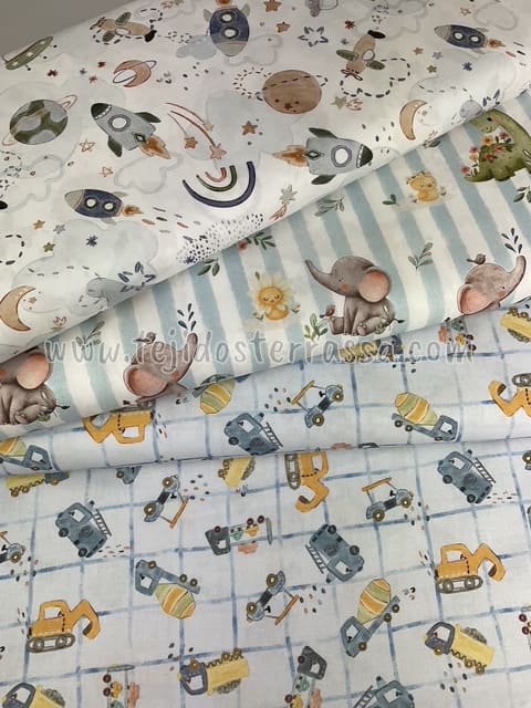 Algodón estampado Camiones, Elefantes y Cohetes