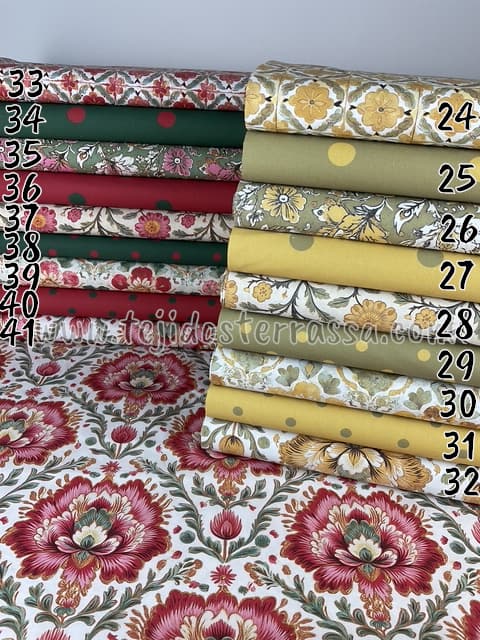 Colección Algodón estampado Lunar, Flores grana y verde