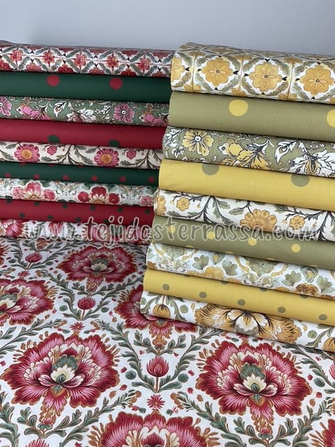 Colección Algodón estampado Lunar, Flores grana y verde